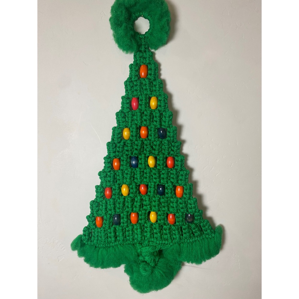 Vintage Macrame Christmas Tree Wall Hanging Green Boho Wood Beads 70s 80s